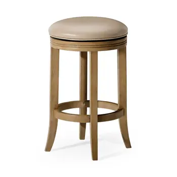 26" Beige and Natural Faux Leather and Solid Wood Backless Counter Height Swivel Bar Chair