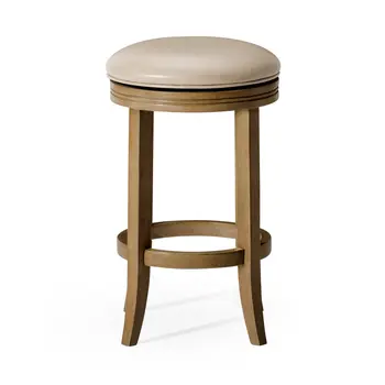 26" Beige and Natural Faux Leather and Solid Wood Backless Counter Height Swivel Bar Chair