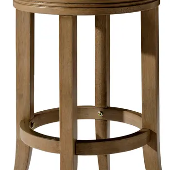 26" Beige and Natural Faux Leather and Solid Wood Backless Counter Height Swivel Bar Chair