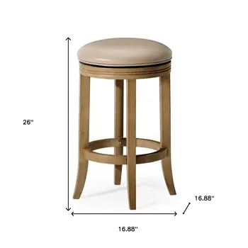 26" Beige and Natural Faux Leather and Solid Wood Backless Counter Height Swivel Bar Chair