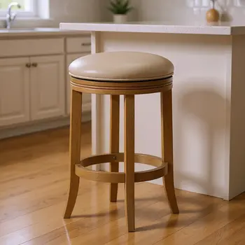 26" Beige and Natural Faux Leather and Solid Wood Backless Counter Height Swivel Bar Chair