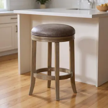 26" Stone and Oak Faux Leather and Solid Wood Backless Counter Height Swivel Bar Chair