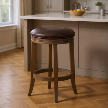 26" Brown Faux Leather and Solid Wood Backless Counter Height Swivel Bar Chair
