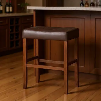 Set of Two 31" Brown Faux Leather and Solid Wood Backless Bar Height Bar Chairs