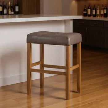 Set of Two 31" Gray and Natural Faux Leather and Solid Wood Backless Bar Height Bar Chairs