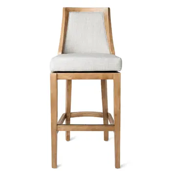 31" Beige and Natural Fabric and Solid Wood Bar Height Swivel Bar Chair