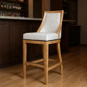 31" Beige and Natural Fabric and Solid Wood Bar Height Swivel Bar Chair