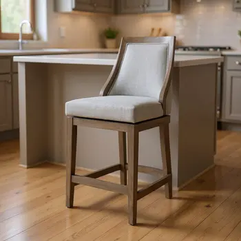26" Gray and Cool Gray Fabric and Solid Wood Counter Height Swivel Bar Chair