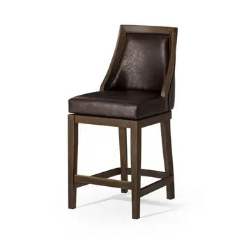 26" Brown Faux Leather and Solid Wood Counter Height Swivel Bar Chair