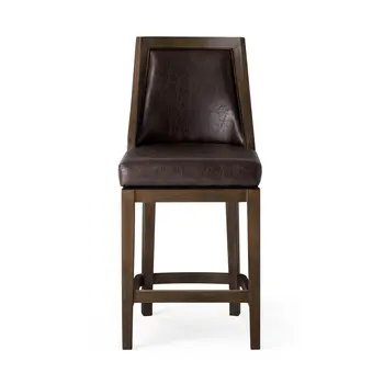 26" Brown Faux Leather and Solid Wood Counter Height Swivel Bar Chair