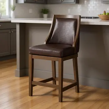 26" Brown Faux Leather and Solid Wood Counter Height Swivel Bar Chair