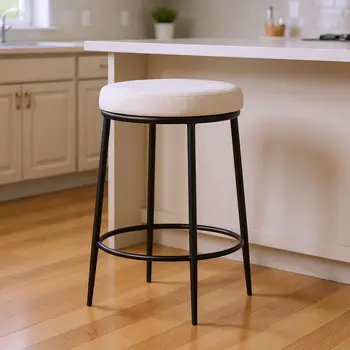 26" White and Black Fabric and Metal Backless Counter Height Bar Chair