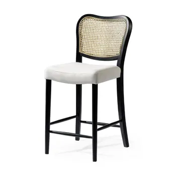 26" White Black and Natural Fabric Rattan and Solid Wood Counter Height Bar Chair