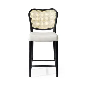 26" White Black and Natural Fabric Rattan and Solid Wood Counter Height Bar Chair