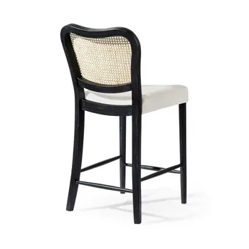 26" White Black and Natural Fabric Rattan and Solid Wood Counter Height Bar Chair