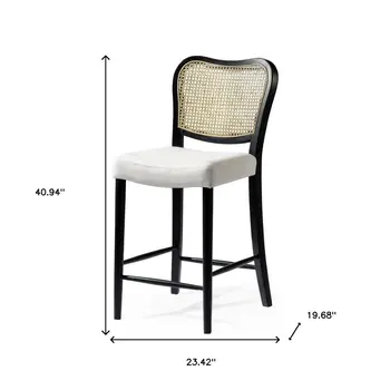 26" White Black and Natural Fabric Rattan and Solid Wood Counter Height Bar Chair