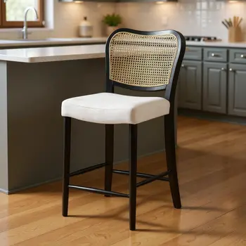 26" White Black and Natural Fabric Rattan and Solid Wood Counter Height Bar Chair