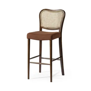 31" Brown and Natural Fabric Rattan and Solid Wood Bar Height Bar Chair