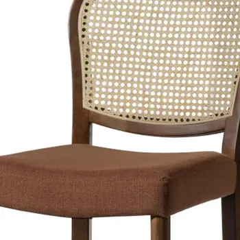 31" Brown and Natural Fabric Rattan and Solid Wood Bar Height Bar Chair