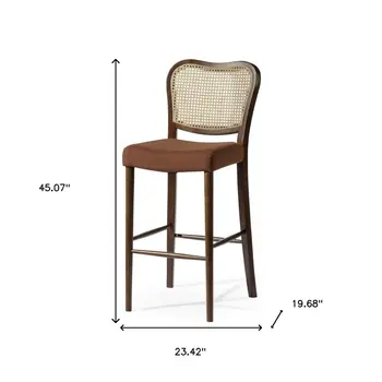 31" Brown and Natural Fabric Rattan and Solid Wood Bar Height Bar Chair
