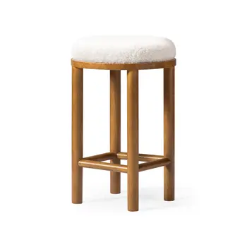 27" White and Natural Boucle and Solid Wood Backless Counter Height Bar Chair