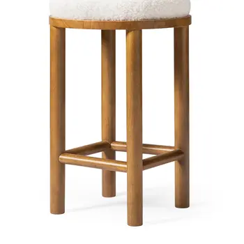 27" White and Natural Boucle and Solid Wood Backless Counter Height Bar Chair