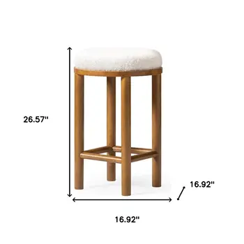 27" White and Natural Boucle and Solid Wood Backless Counter Height Bar Chair