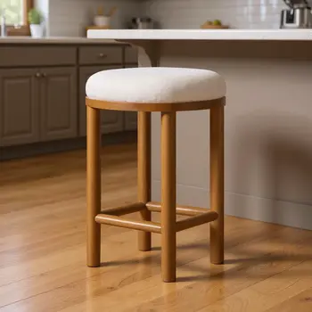 27" White and Natural Boucle and Solid Wood Backless Counter Height Bar Chair