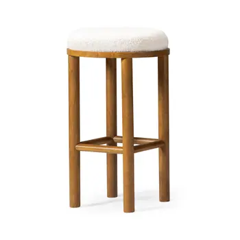 31" White and Natural Boucle and Solid Wood Backless Bar Height Bar Chair