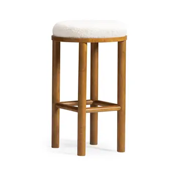 31" White and Natural Boucle and Solid Wood Backless Bar Height Bar Chair