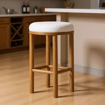 31" White and Natural Boucle and Solid Wood Backless Bar Height Bar Chair