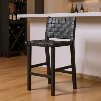 30" Gray and Black Faux Leather and Solid Wood Bar Height Bar Chair