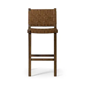 30" Brown Faux Leather and Solid Wood Bar Height Bar Chair