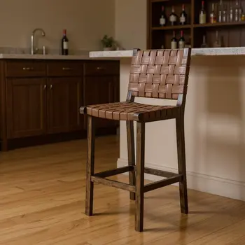 30" Brown Faux Leather and Solid Wood Bar Height Bar Chair