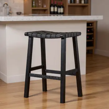 30" Charcoal and Black Faux Leather and Solid Wood Backless Bar Height Bar Chair