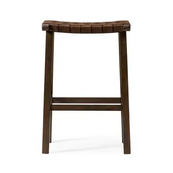 30" Brown Faux Leather and Solid Wood Backless Bar Height Bar Chair