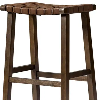 30" Brown Faux Leather and Solid Wood Backless Bar Height Bar Chair
