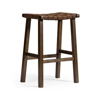 30" Brown Faux Leather and Solid Wood Backless Bar Height Bar Chair