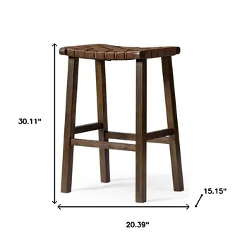 30" Brown Faux Leather and Solid Wood Backless Bar Height Bar Chair