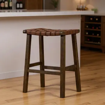 30" Brown Faux Leather and Solid Wood Backless Bar Height Bar Chair