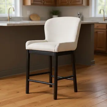 26" White and Black Fabric and Solid Wood Counter Height Bar Chair