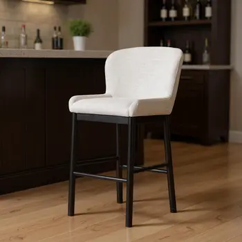 31" White and Black Fabric and Solid Wood Bar Height Bar Chair