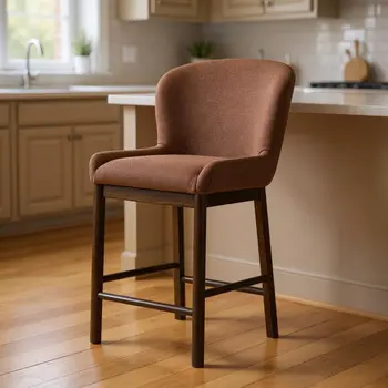 26" Brown Fabric and Solid Wood Counter Height Bar Chair