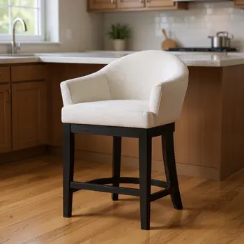 36" White and Black Fabric and Solid Wood Counter Height Swivel Bar Chair
