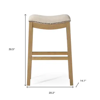 31" Beige and Natural Fabric and Solid Wood Backless Bar Height Bar Chair