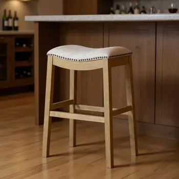 31" Beige and Natural Fabric and Solid Wood Backless Bar Height Bar Chair