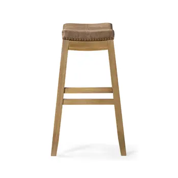 31" Brown and Natural Faux Leather and Solid Wood Backless Bar Height Bar Chair