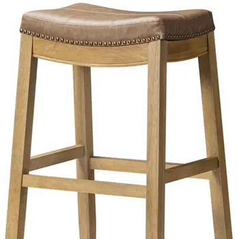 31" Brown and Natural Faux Leather and Solid Wood Backless Bar Height Bar Chair