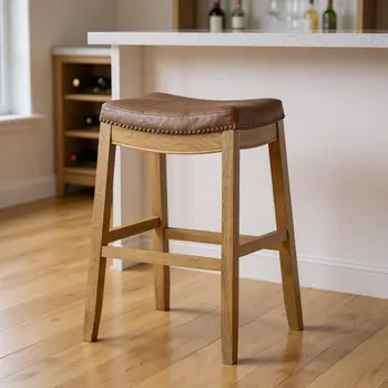 31" Brown and Natural Faux Leather and Solid Wood Backless Bar Height Bar Chair