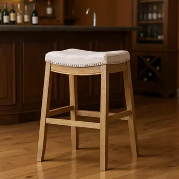 31" Bone and Natural Faux Leather and Solid Wood Backless Bar Height Bar Chair